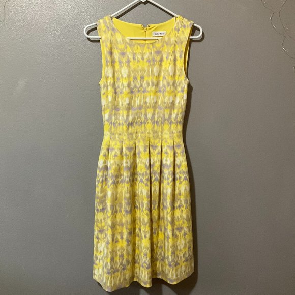 Calvin Klein Yellow Gray Geometric Watercolor Print Dress Fit Flare Pockets Sz 2 - Picture 1 of 3